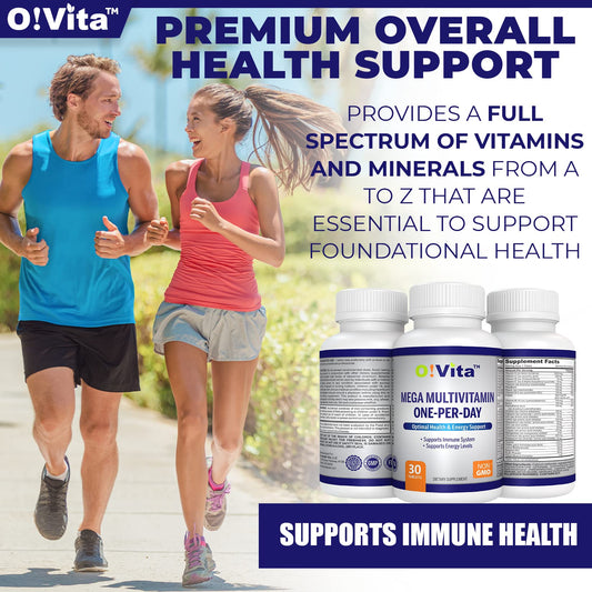 Dos atletas corriendo con vitaminas O!VITA en la imagen.