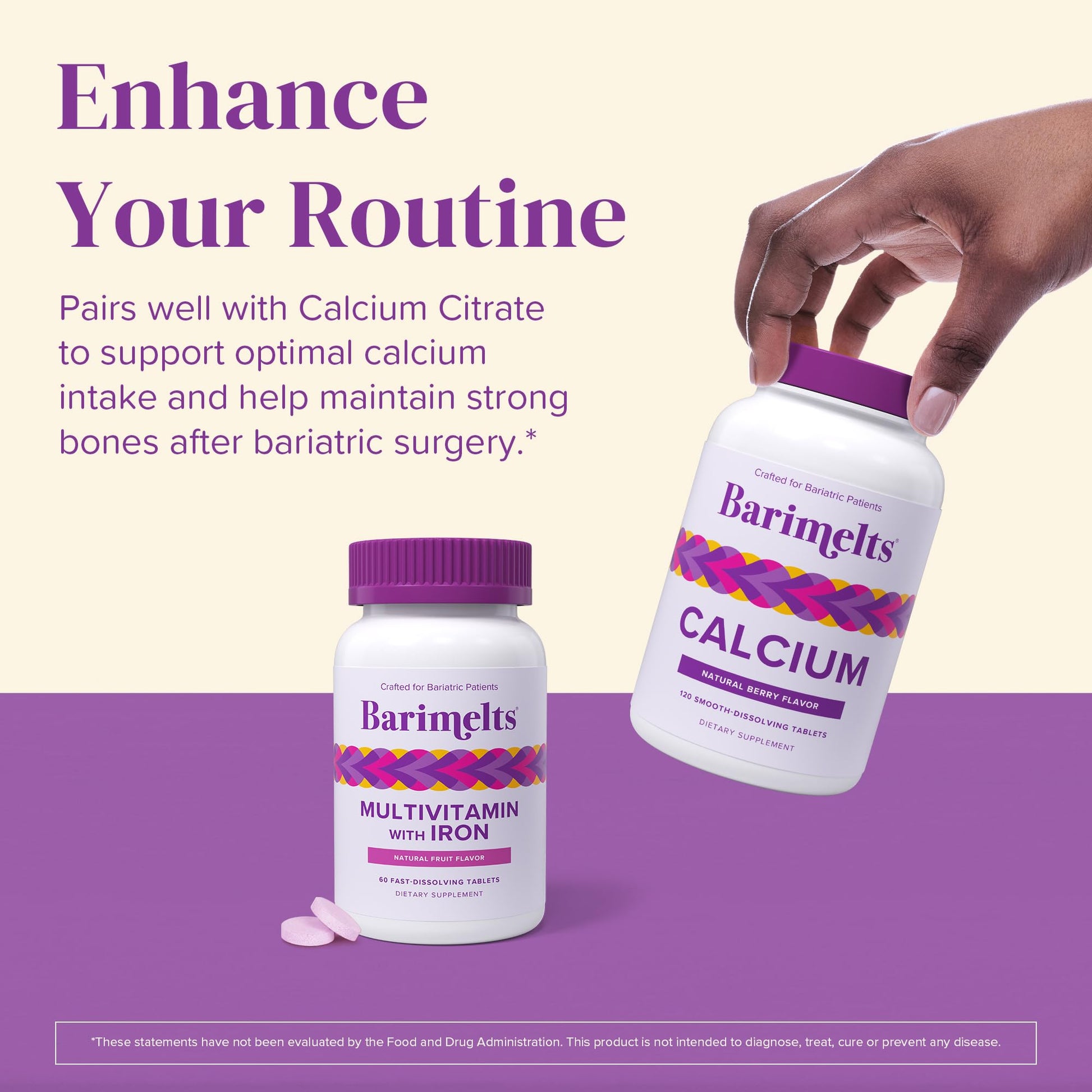 Aumenta tu rutina con multivitamínico Barimelts combinado con calcio.