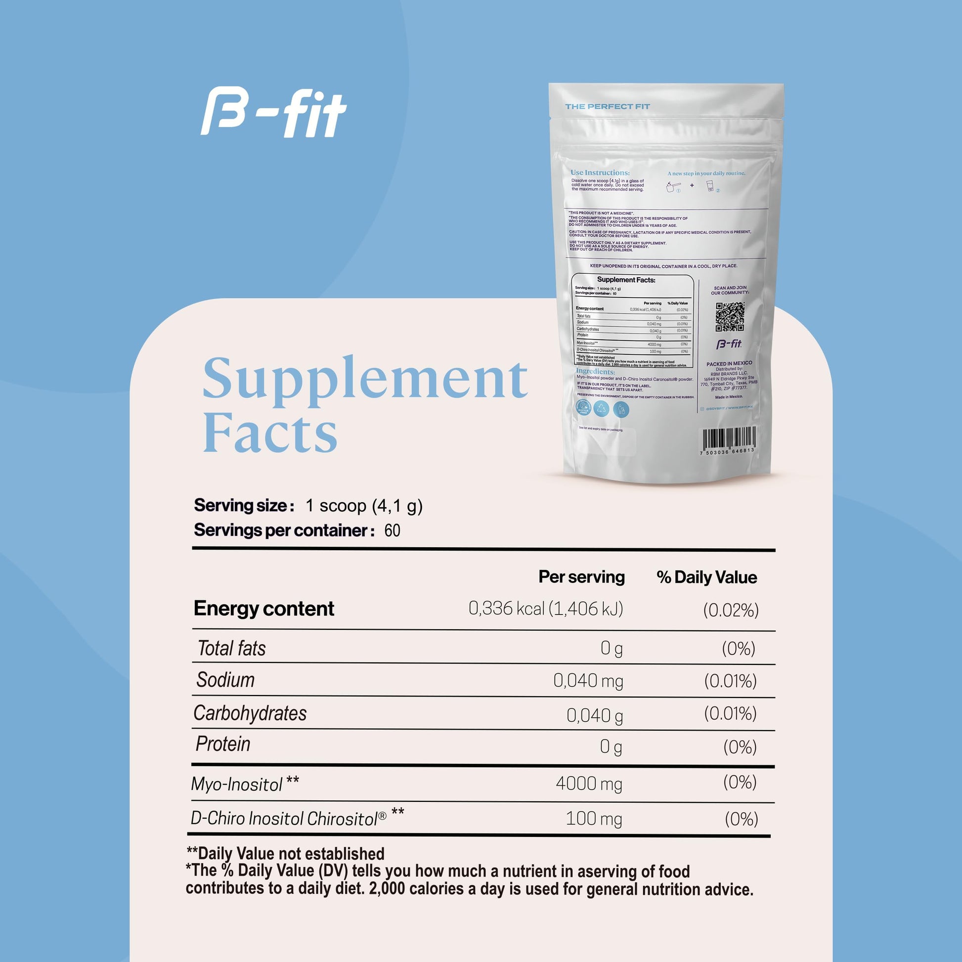 B-FIT B Just Inositol suplemento en polvo envase trasero