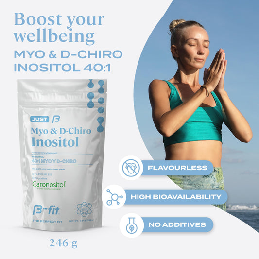 B-FIT B Just Inositol suplemento polvo 60 porciones caja lateral