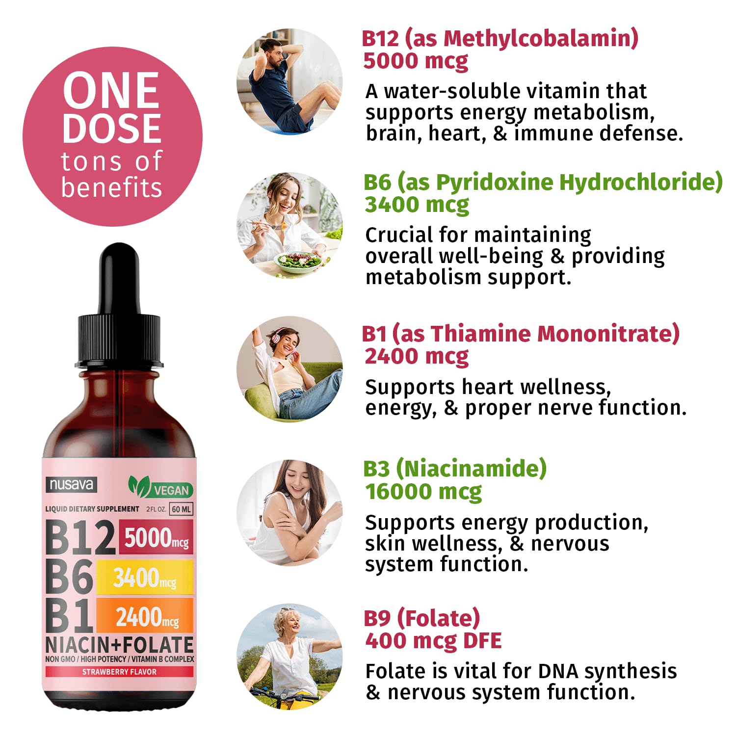 B12 líquido potente 5000 mcg Vitaminas NUSAVA 4 pack