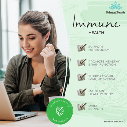 Presentación de gotas de biotina Balanced Health para cuidado del cabello.