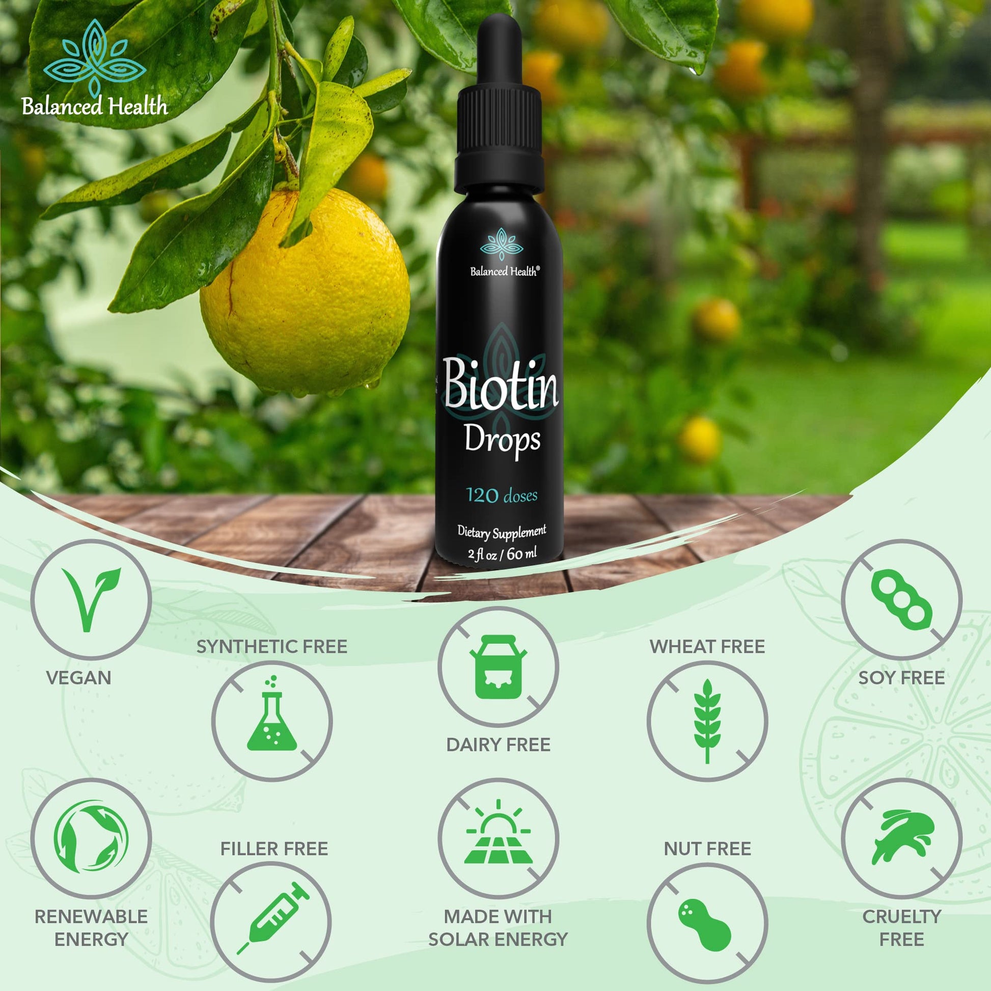 Gotas de biotina Balanced Health sin gluten, libres de crueldad.