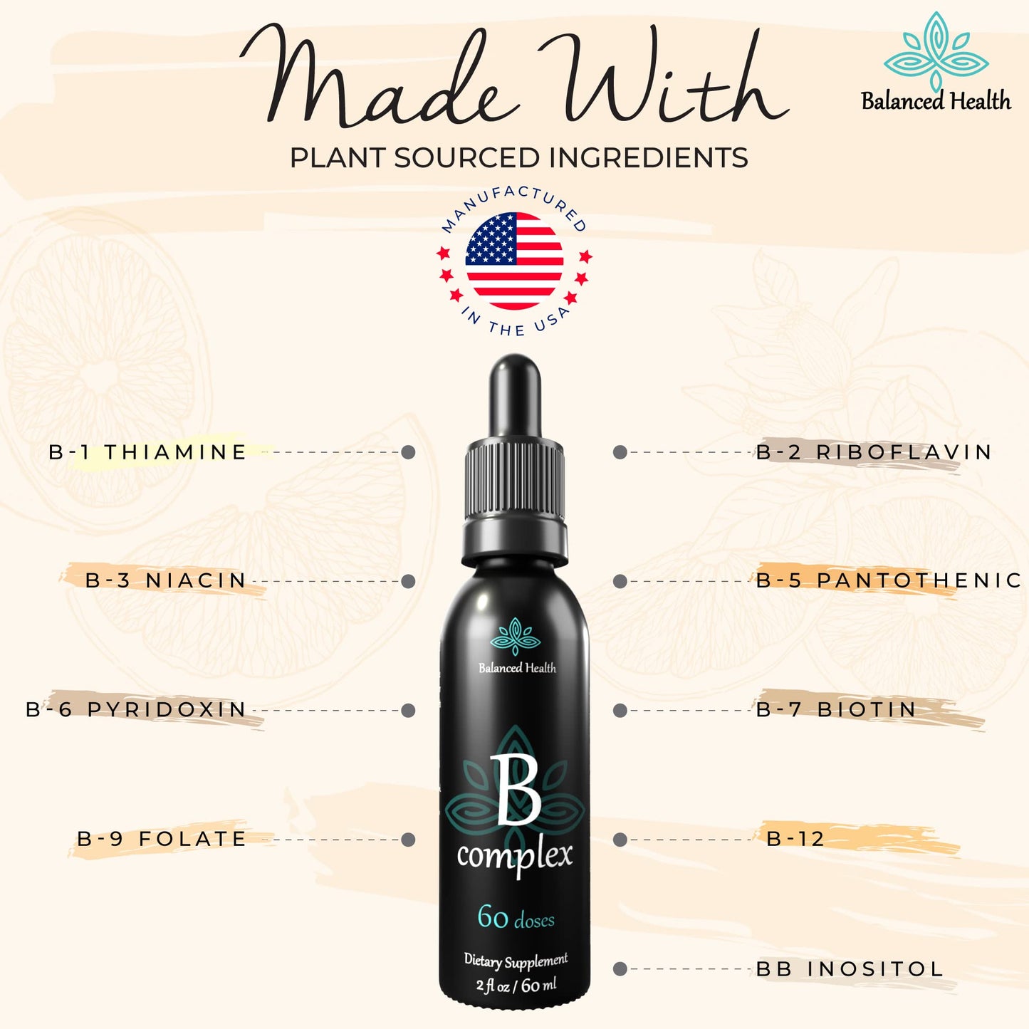 Balanced Health botella gotas vitaminas B complejo sostener
