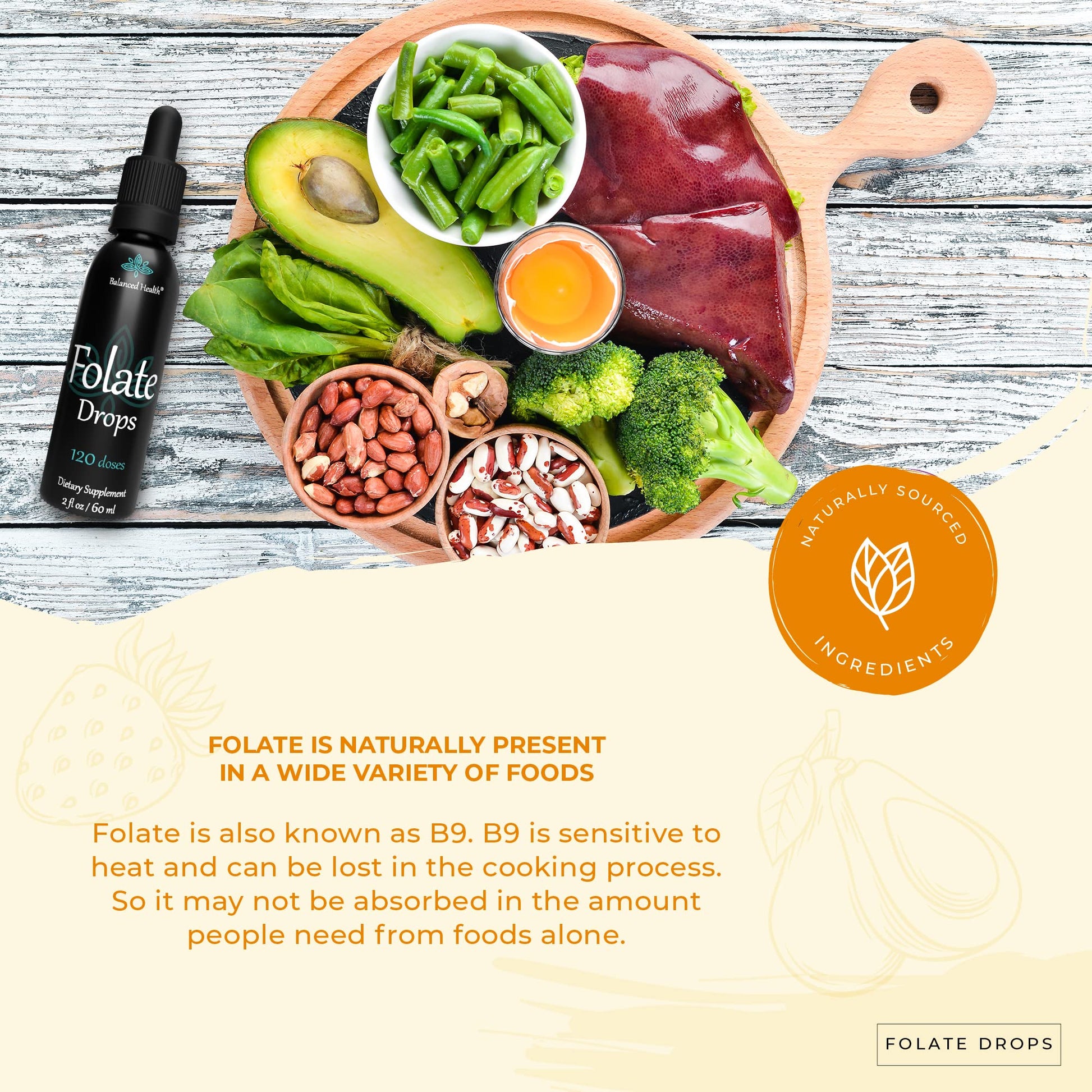 Balanced Health gotas de folato etiqueta y paquete