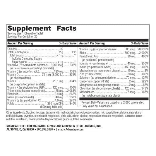 Supplement facts de Bariatric Advantage Multivitamínico Ultra Solo