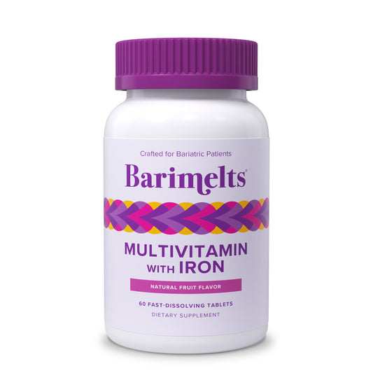 Frasco de multivitamínico bariátrico Barimelts con hierro, 60 tabletas de rápida disolución.