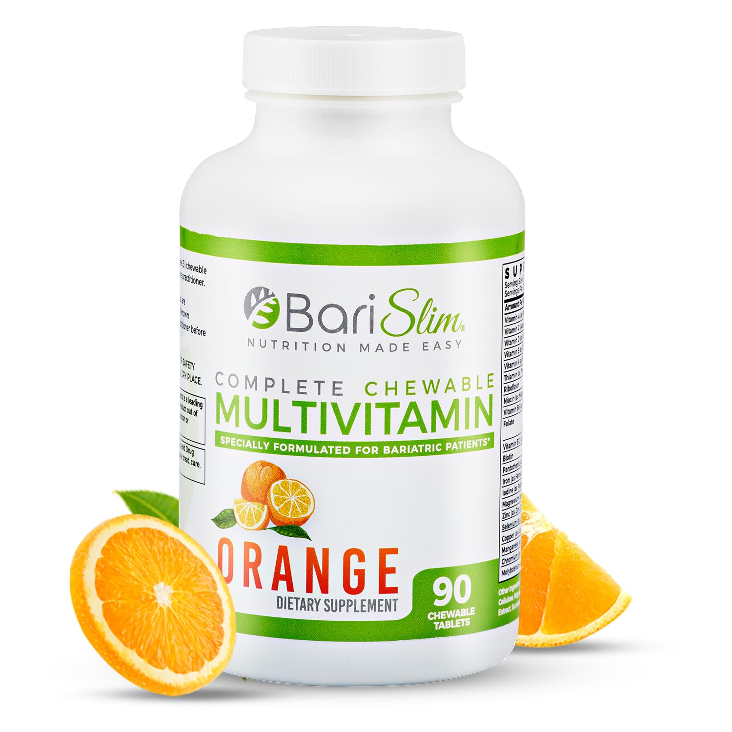Envase de BariSlim multivitaminas masticables con sabor a naranja.
