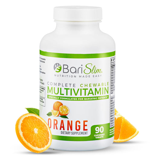 Envase de BariSlim multivitaminas masticables con sabor a naranja.