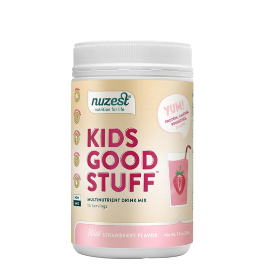 Batido vegano Nuzest sabor fresa para niños en bote blanco
