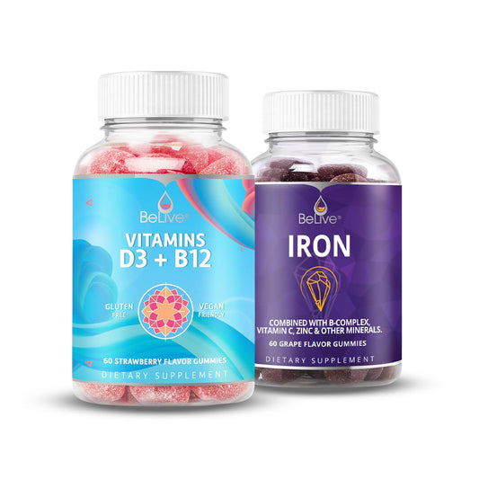 Paquete BeLive gomitas hierro y vitaminas D3 y B12 sabor uva