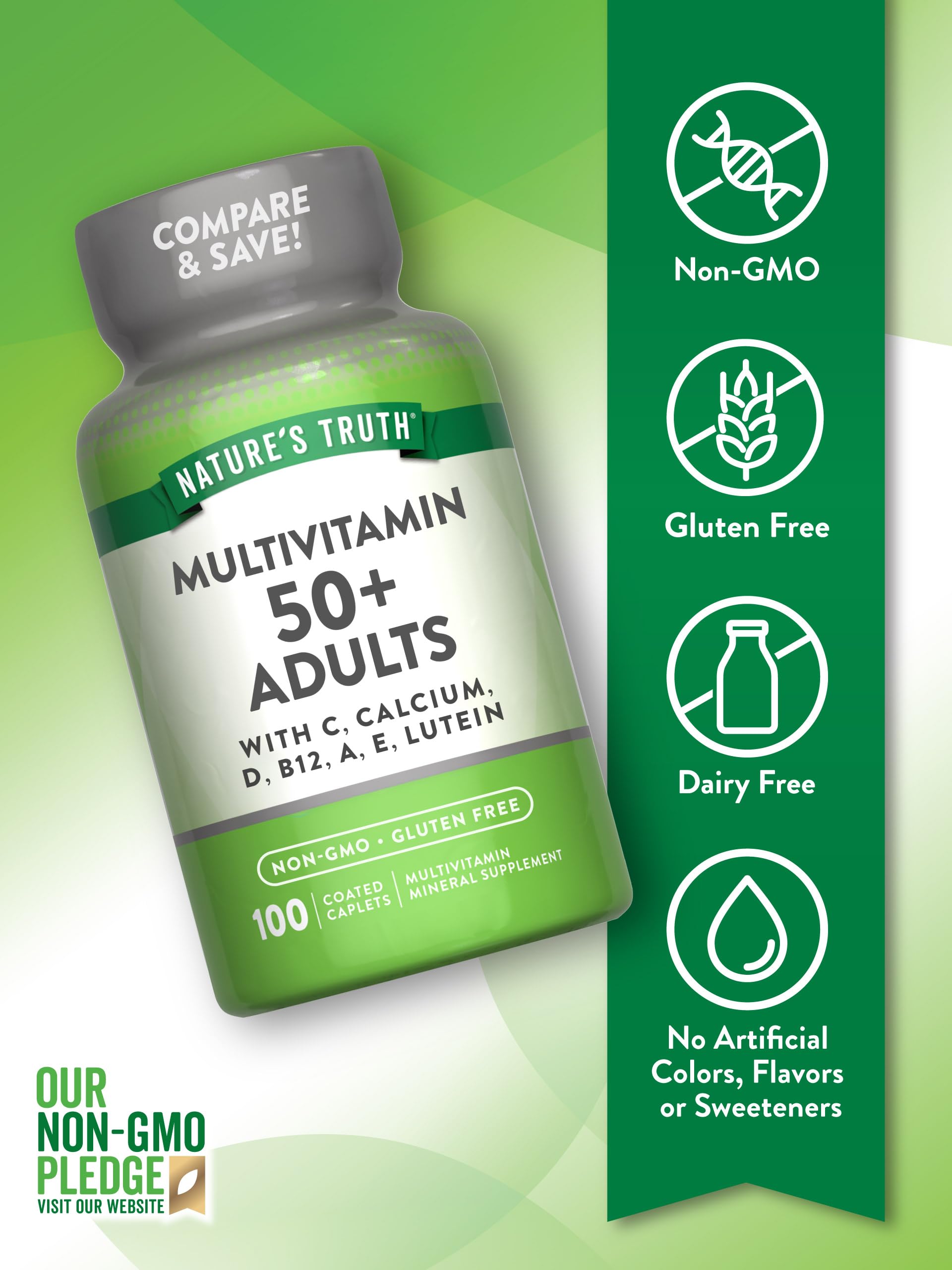 Botella y beneficios de multivitaminas para adultos 50 y más.