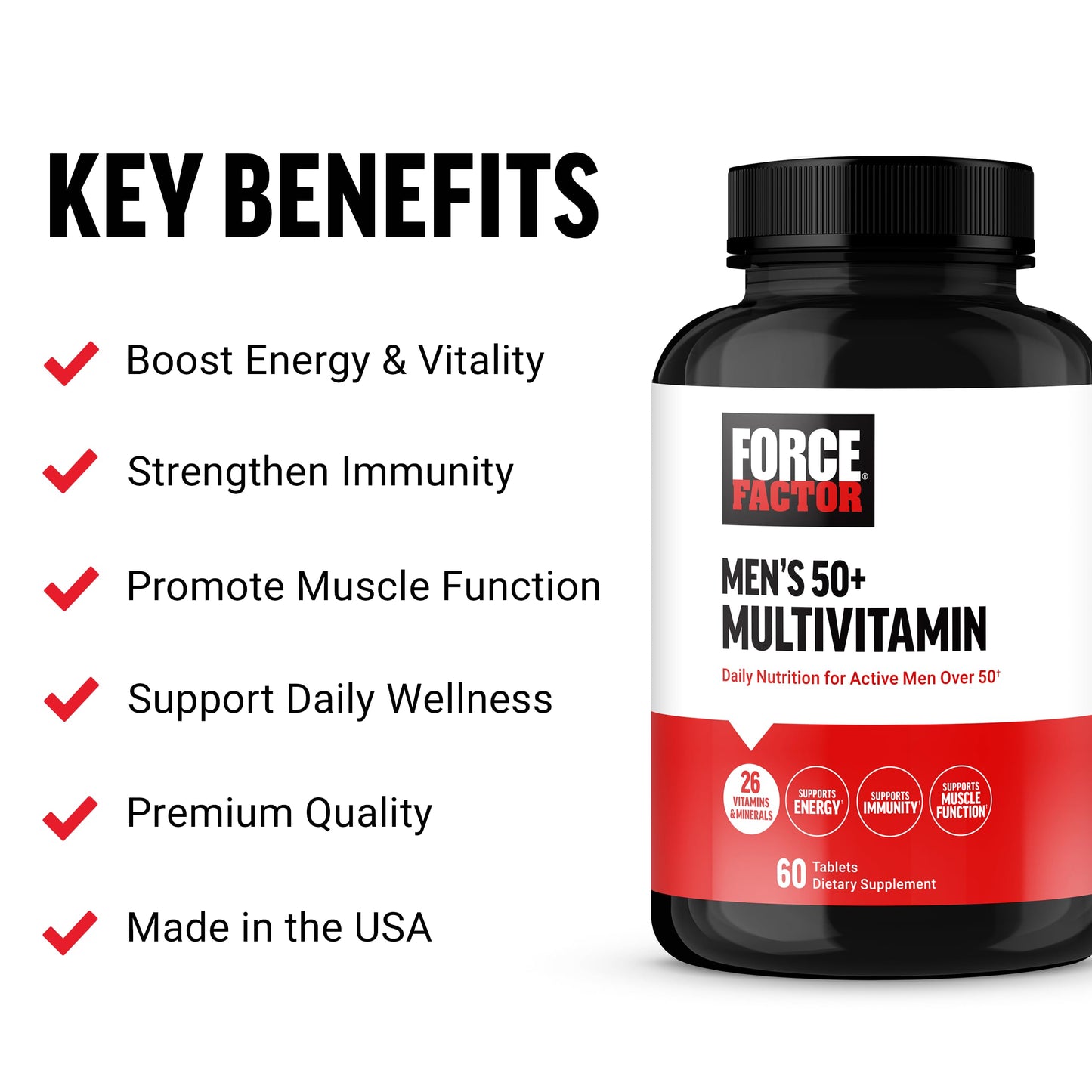 Beneficios del multivitamínico Force Factor: energía, inmunidad, función muscular.