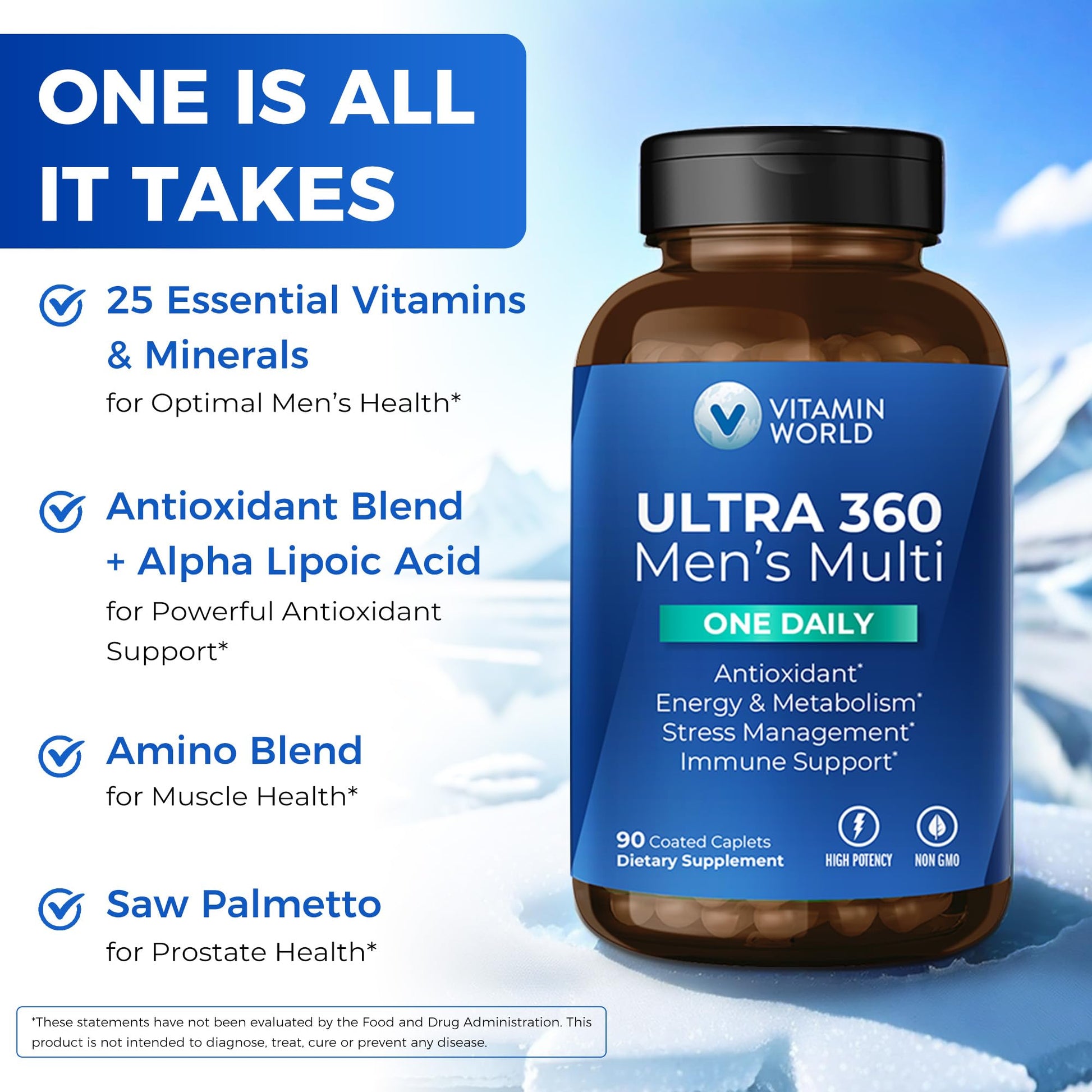 Beneficios del multivitamínico Ultra 360 para hombres en texto.