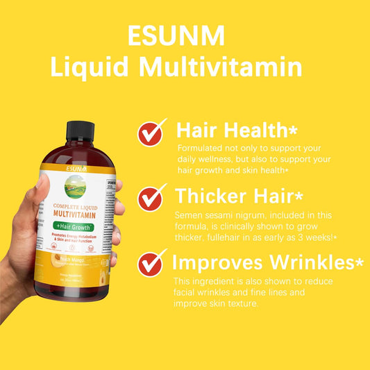 beneficios de salud en multivitamínico líquido esunm para cabello.