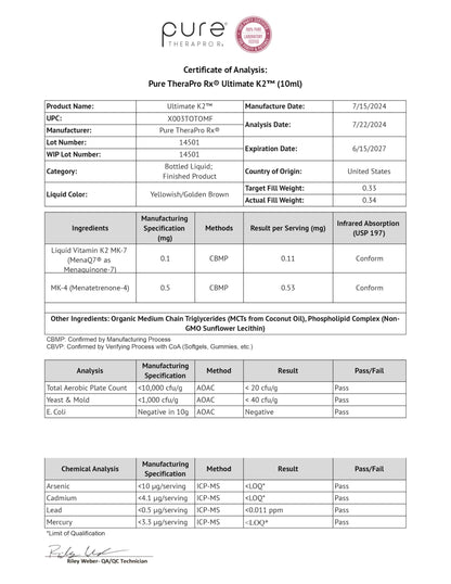 Beneficios del suplemento de vitamina K2 sin OGM, gluten ni soja de Pure TheraPro Rx.