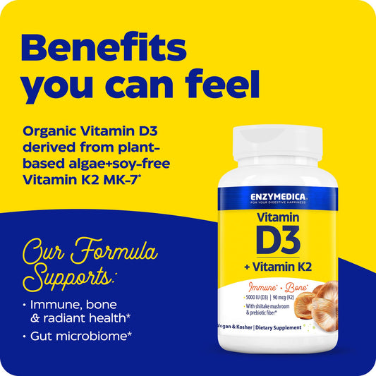 Beneficios de vitamina D3 y K2 en cápsulas.