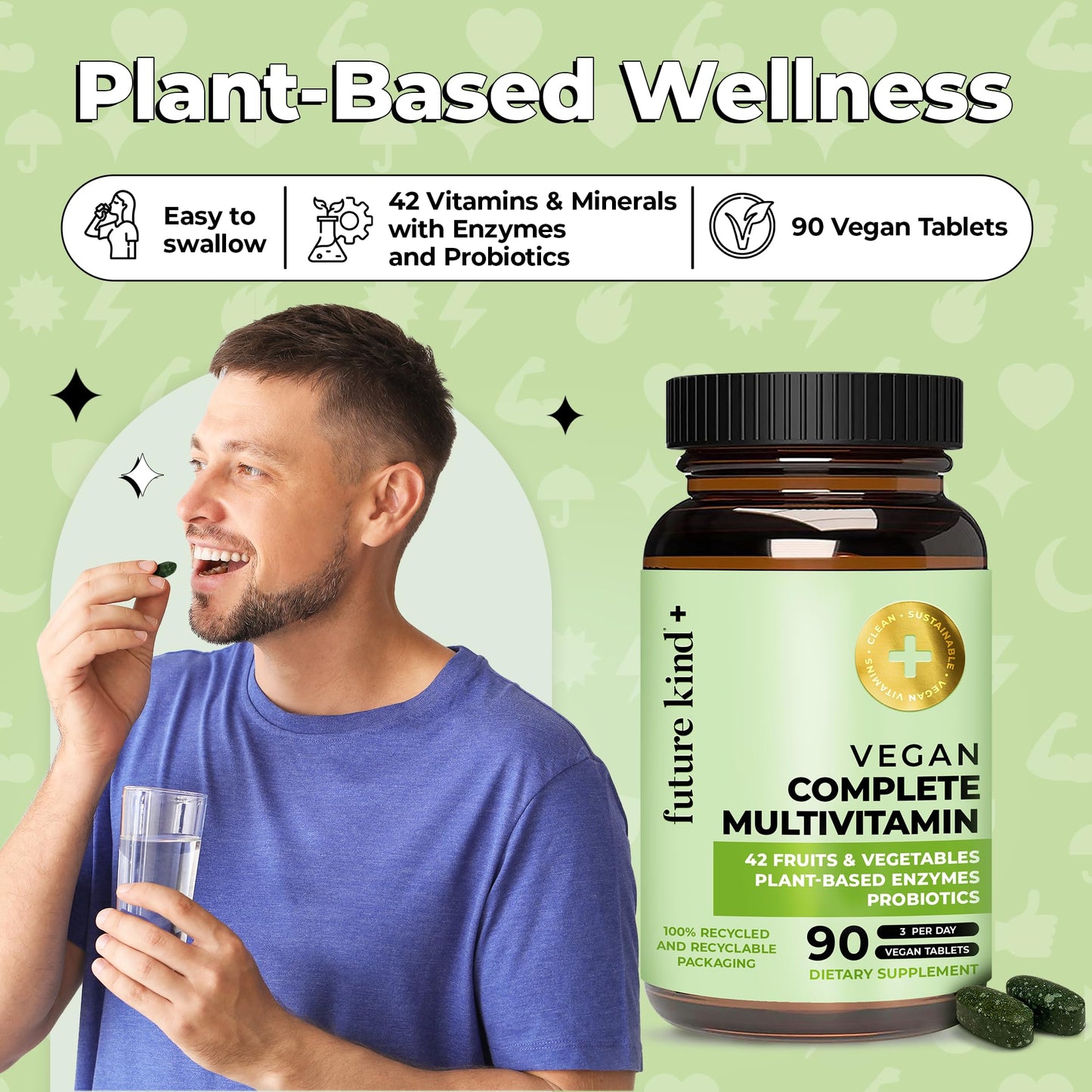 Beneficios del bienestar a base de plantas - Vitaminas veganas en tableta.