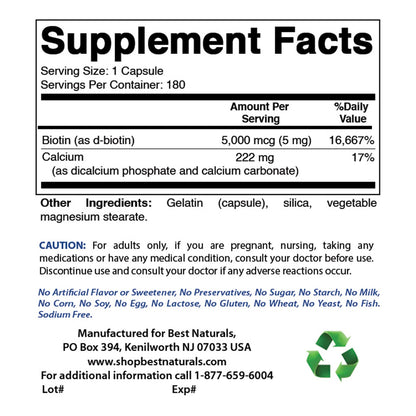 Etiqueta frontal Best Naturals Biotina 5 mg para salud capilar