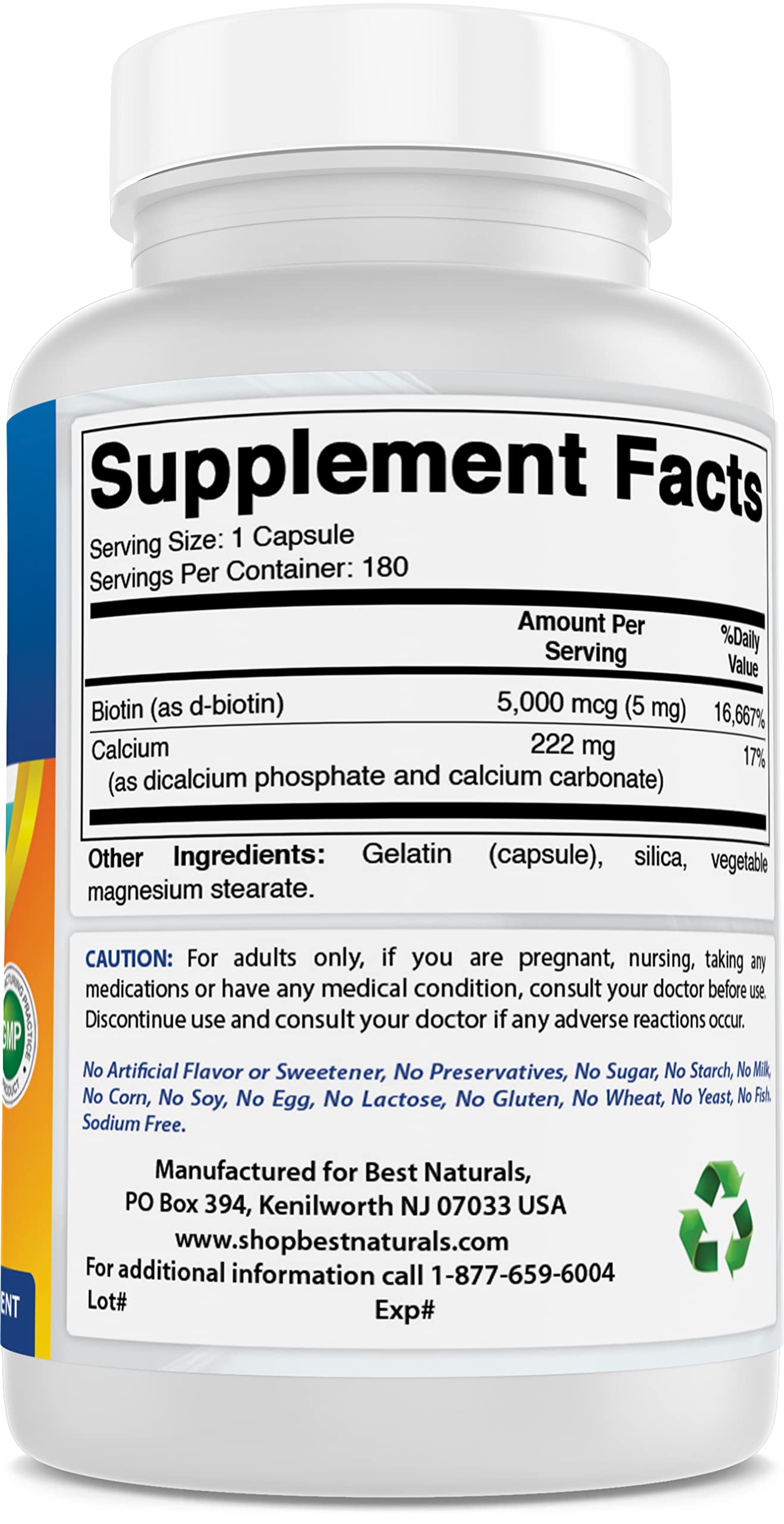 Etiqueta trasera Best Naturals Biotina 5 mg con información