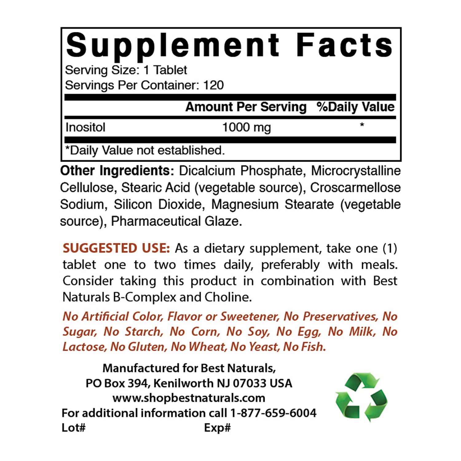 Botella de suplemento Best Naturals Inositol 1000mg al costado