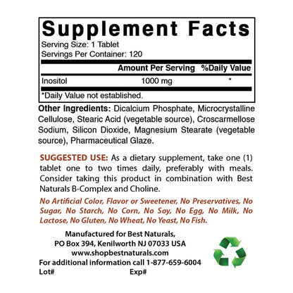 Botella de suplemento Best Naturals Inositol 1000mg al costado