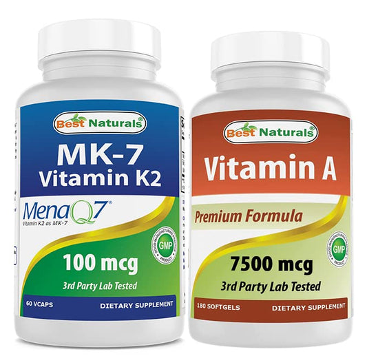 Botella de Best Naturals MK-7 100 mcg y Vitamina A 25000 UI