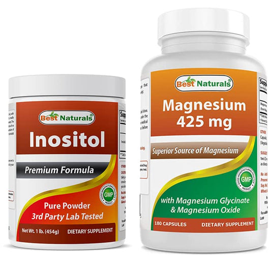 Botella Best Naturals polvo inositol y glicinato magnesio 425 mg