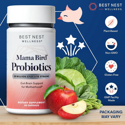 Cápsulas en mano Best Nest Wellness Mama Bird suplemento probióticos feminina
