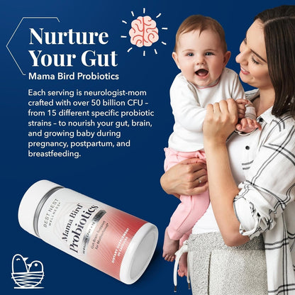 Frasco y cápsulas Best Nest Wellness Mama Bird probióticos salud intestinal mujer
