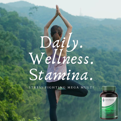 Suplemento para bienestar diario Healthy Horizons sobre fondo verde.