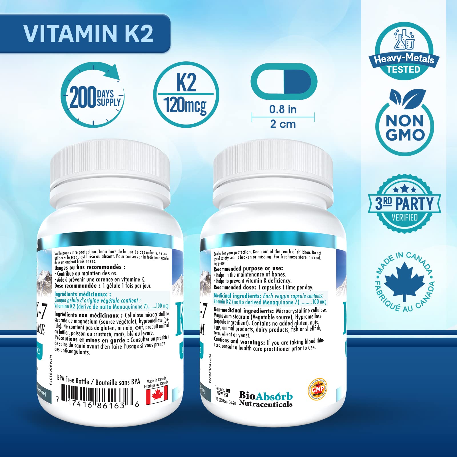 Bio Absorb Vitamina K2 MK-7 100 mcg - Suplemento diario.