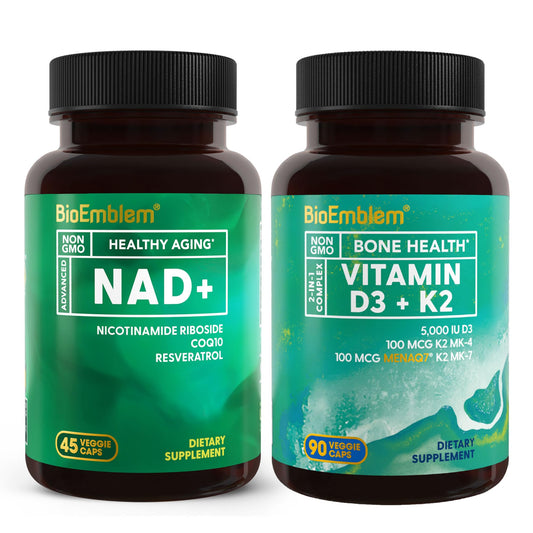 Paquete cápsulas BioEmblem vitamina D3 K2 y suplemento NAD+