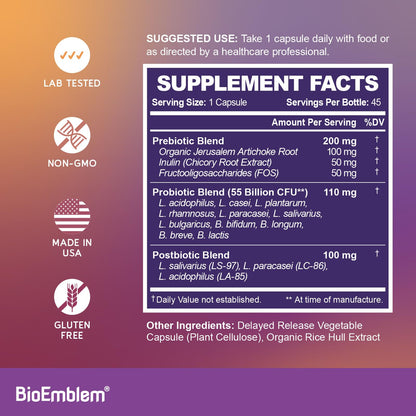 Prebióticos y postbióticos en suplemento BioEmblem avanzado
