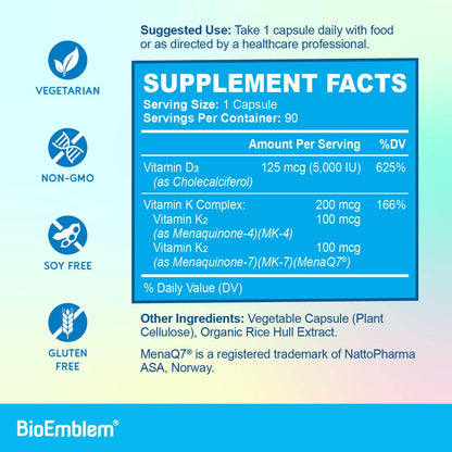 Suplemento BioEmblem con D3 K2 MK7 MK4 y vitaminas B