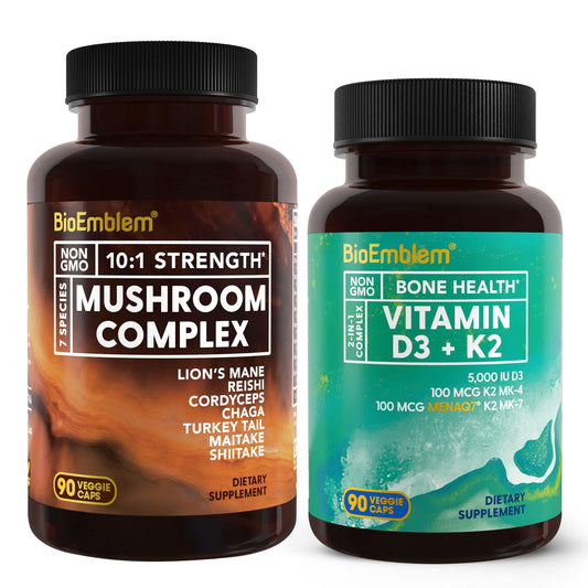 Frasco de vitamina D3 K2 BioEmblem con complejo de 7 hongos