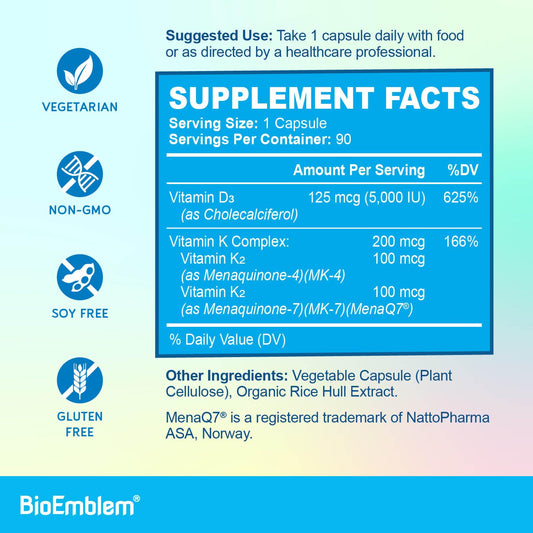 Suplemento BioEmblem con vitamina D3 y K2 para salud integral