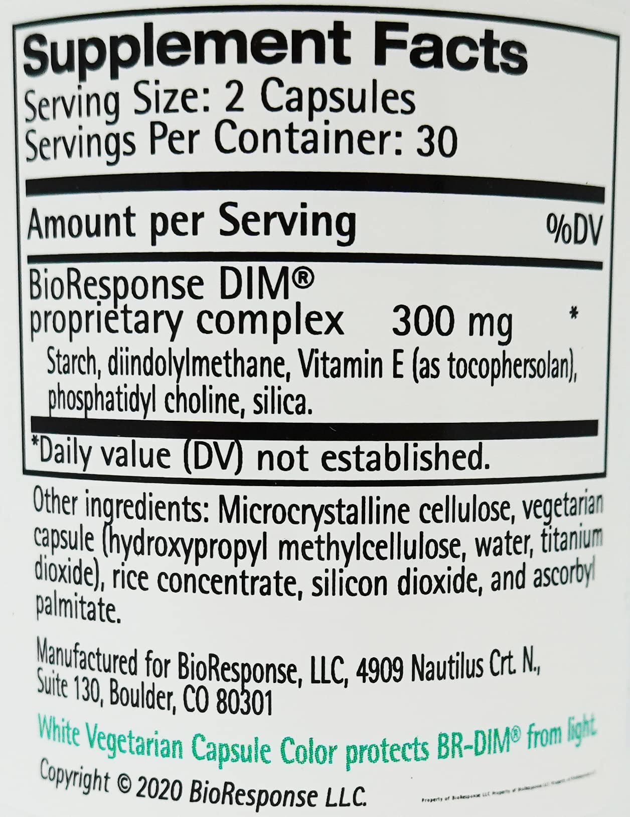 Etiqueta de ingredientes de Bioresponse DIM 150