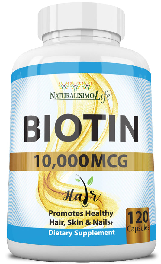 Frasco de Biotina 10,000 mcg Alta Potencia con cápsulas