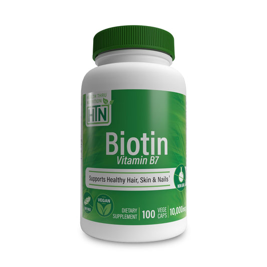 Biotina 10,000 mcg Health Thru Nutrition cápsulas veganas para cabello piel y uñas