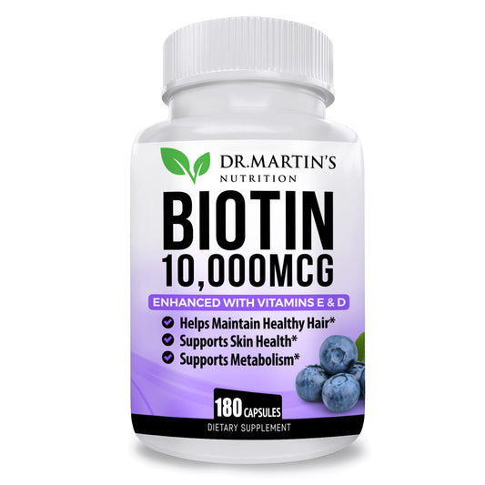 Botella de suplemento de biotina potencia con vitaminas D y E