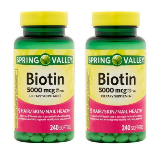 Biotina 5000 mcg 240 softgels Spring Valley frente del paquete