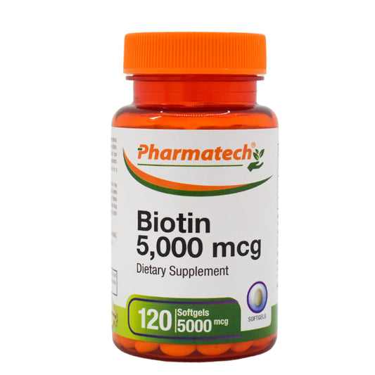 Botella de biotina 5000 mcg Pharmatech para cabello y uñas