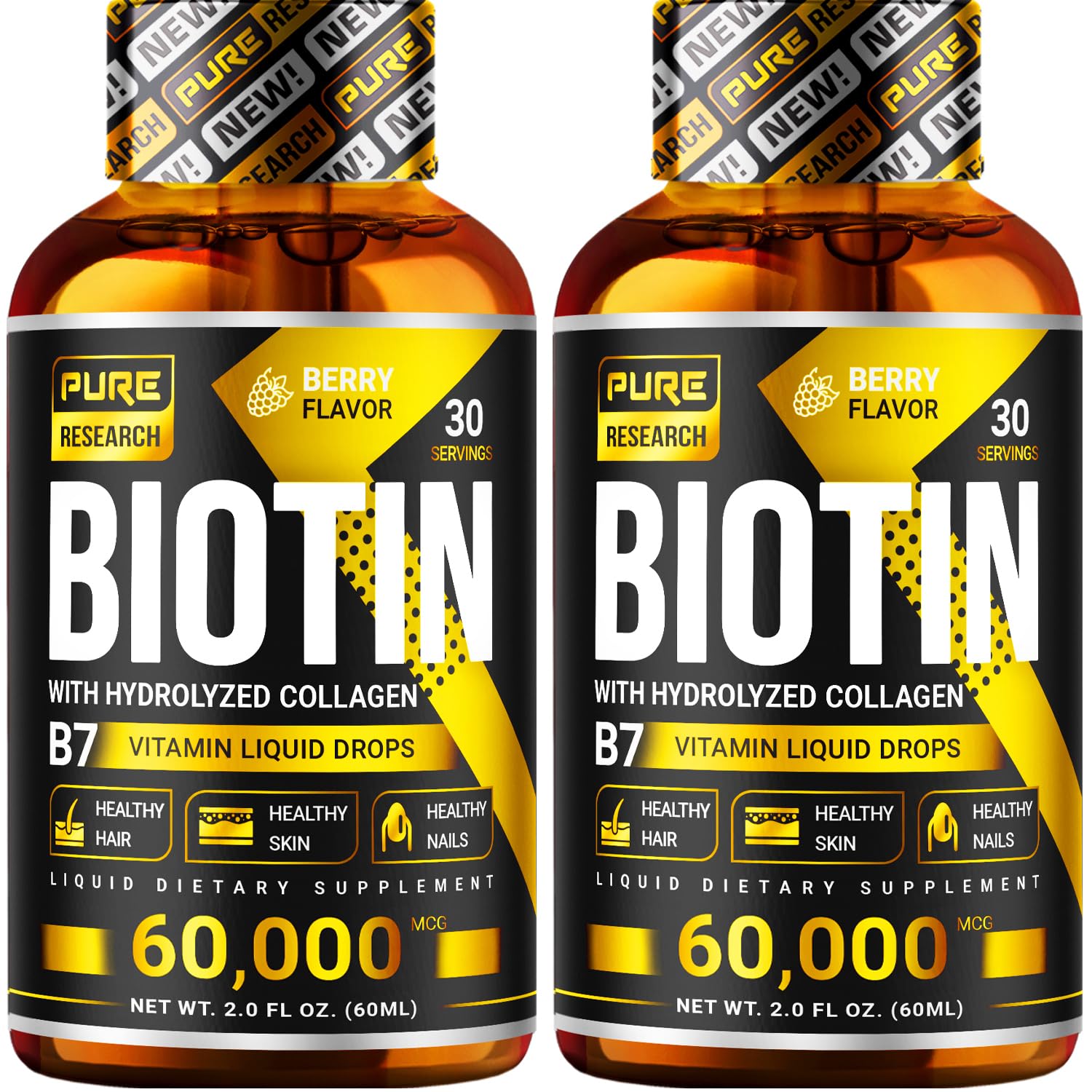 Botella de gotas líquidas de biotina y colágeno Pure Research