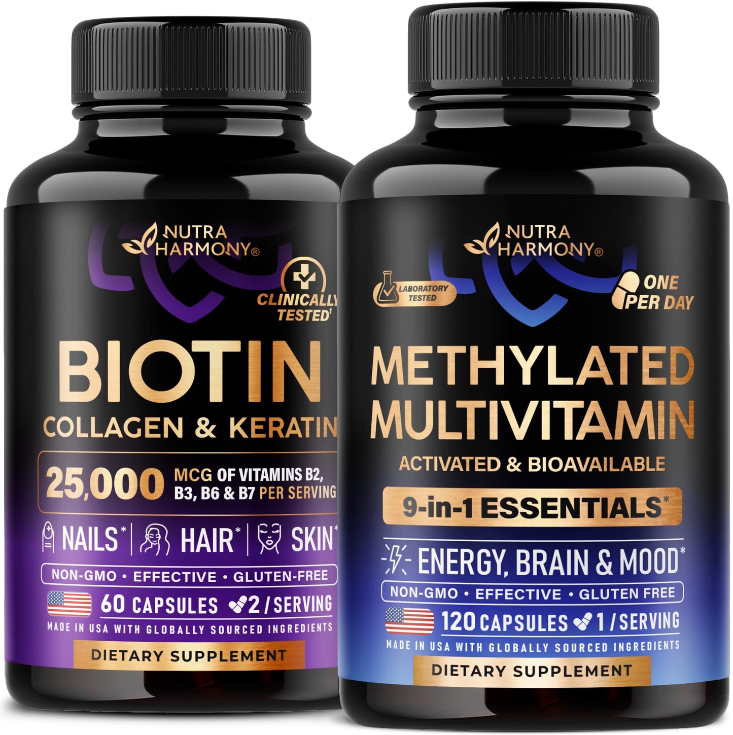 Frascos de Biotina y Multivitamínico Nutraharmony