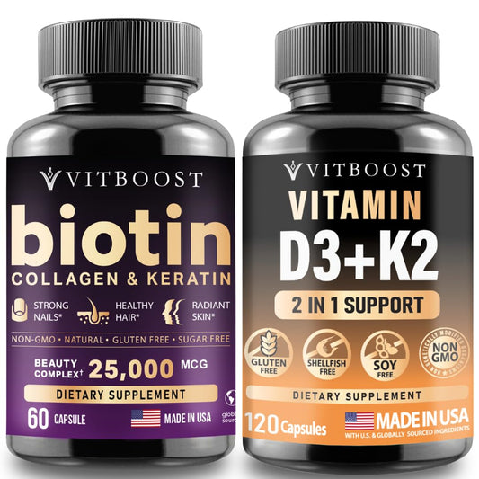 Frasco suplemento Biotina Colágeno Queratina con vitamina D3 y K2 VITBOOST