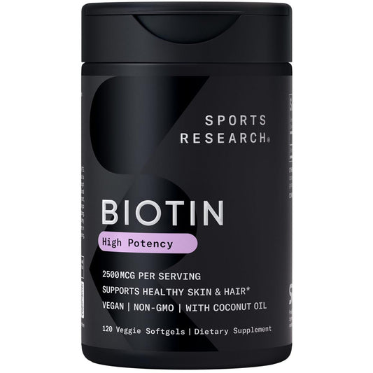Frasco biotina vegana Sports Research 2,500mcg con aceite de coco