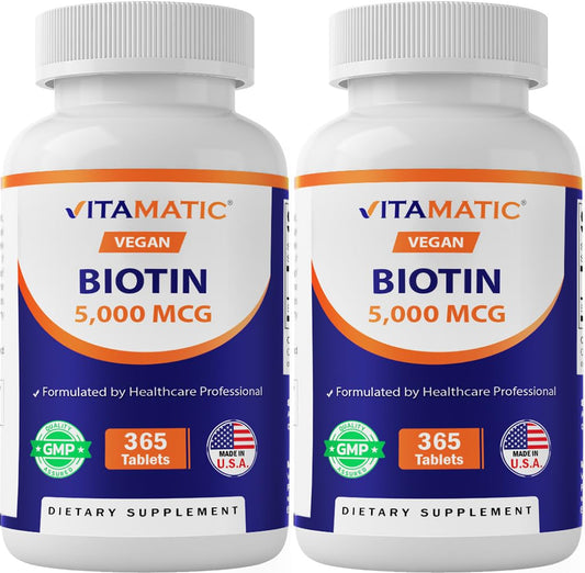 Botella de biotina Vitamatic 5000 mcg para cabello, piel y uñas