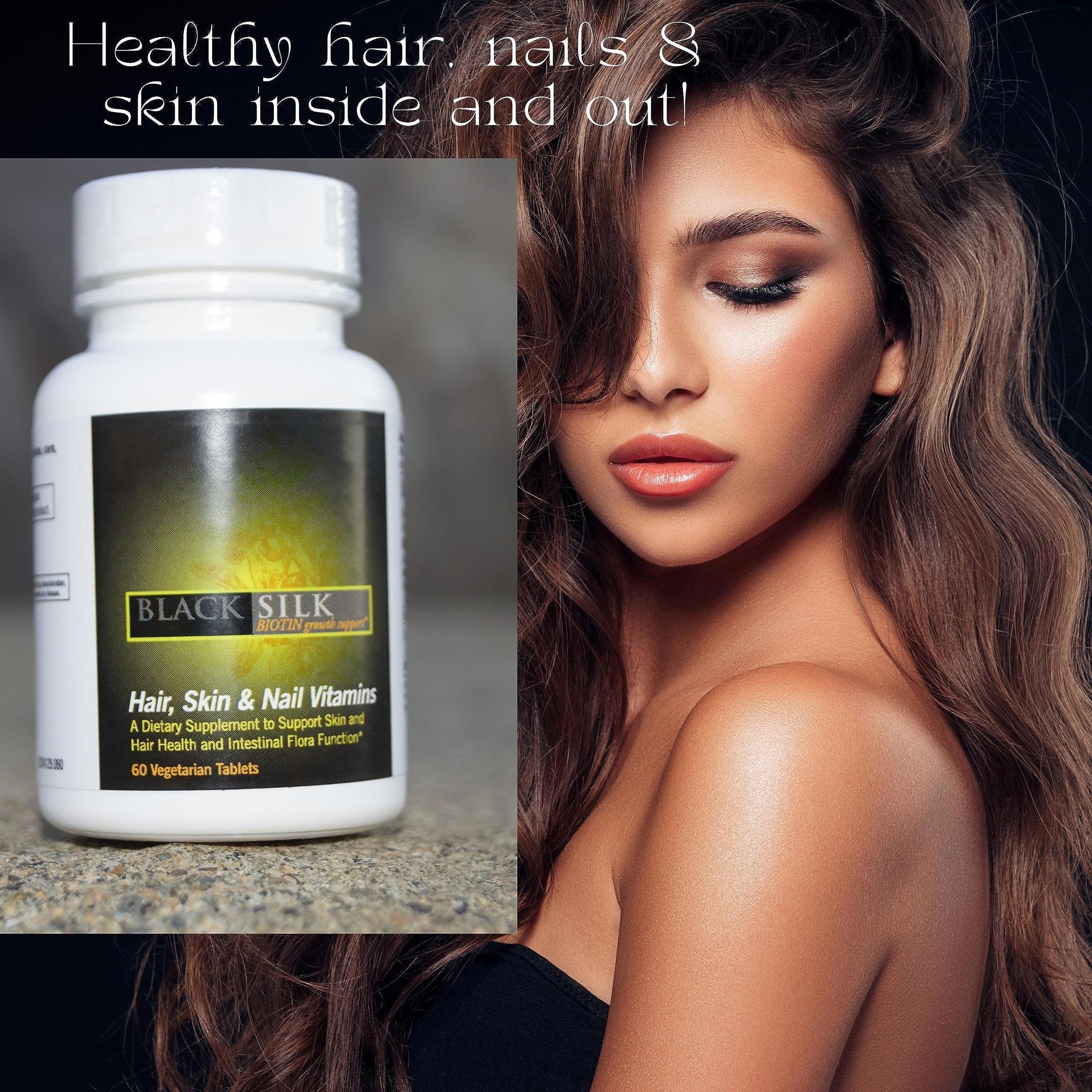 Vitaminas vegetarianas para cabello y piel BLACKSILK frasco