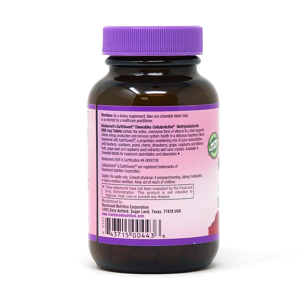 Bluebonnet B12 5000mcg tabletas masticables sabor frambuesa vegano